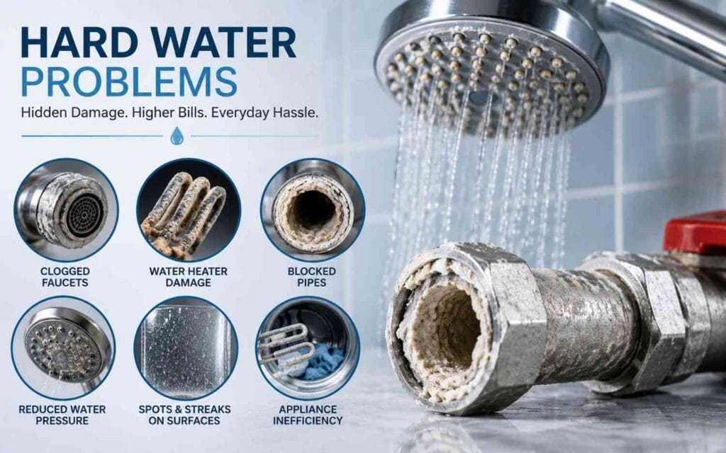 Hard water problems causing limescale buildup inside plumbing pipes, showerhead, faucets, and water heater components.