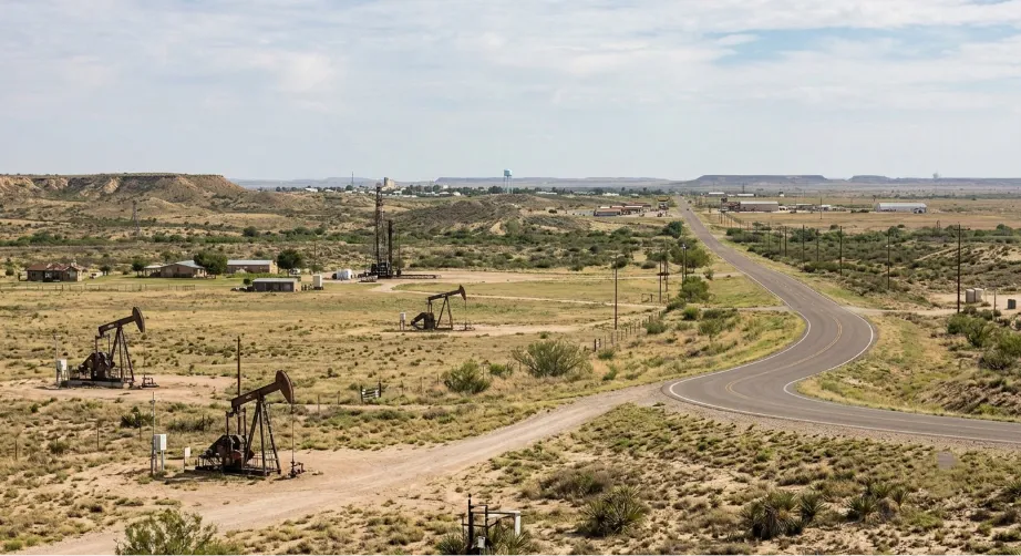 Wide aerial view of a West Texas landscape in Crane County featuring oil field pump jacks, rural roads, and a town skyline in the distance, representing the service area for a professional plumber Crane, TX.