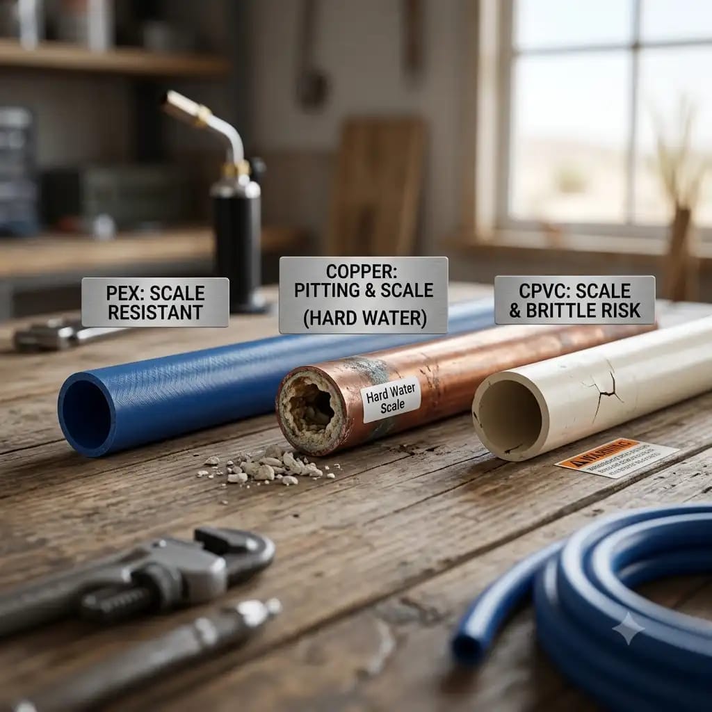 Side by side comparison of plumbing pipes in Midland, Texas hard water conditions showing clear blue PEX tubing, a copper pipe clogged with mineral scale buildup, and a cracked CPVC pipe in a professional workshop setting.PEX vs Copper vs CPVC