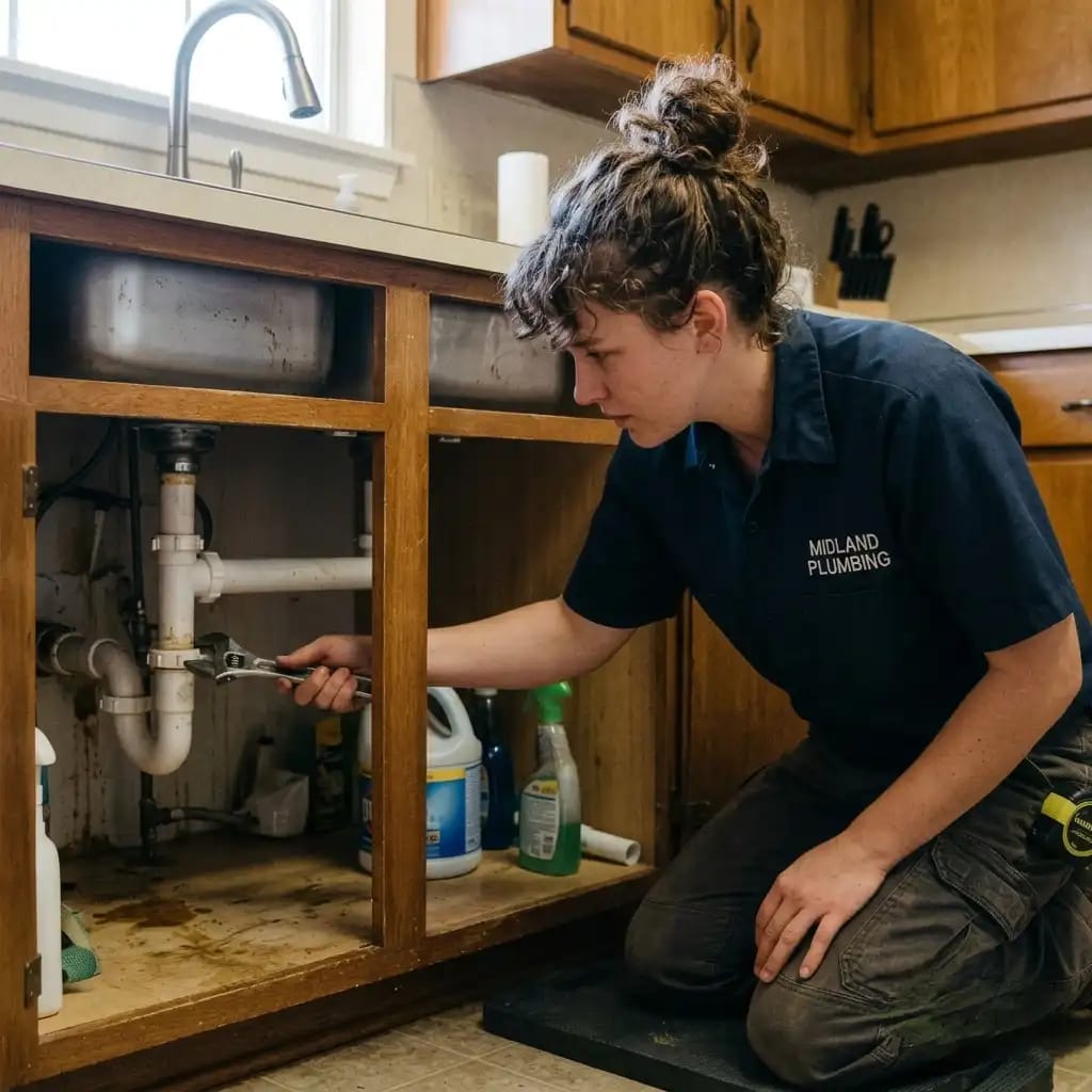 A licensed plumber inspecting under-sink plumbing pipes during a kitchen repair in Midland, TX.