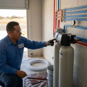 A professional Midland, TX plumber in a garage setting, wearing safety glasses and a blue work shirt, is kneeling and pointing with a gloved hand to inspect a whole-home water softener system integrated with a modern PEX manifold plumbing installation on a cinderblock wall. Background shows the open garage door and a dry Midland landscape.